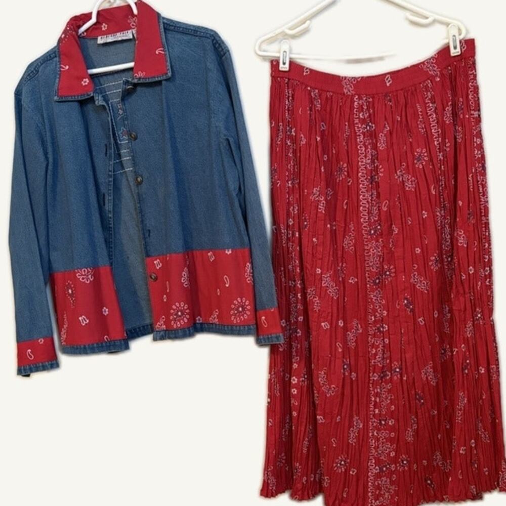 Bedford Fair Lifestyles Large Denim Jacket & Red Paisley Crinkle Skirt Set